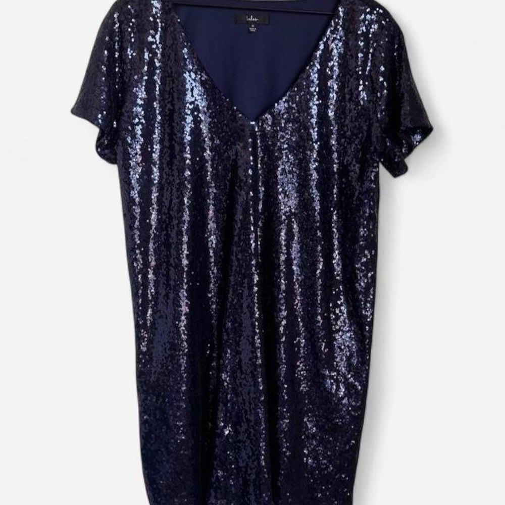 Lulus Navy Blue Sequin V-Neck Short Sleeve Glam Dress - Size 1X